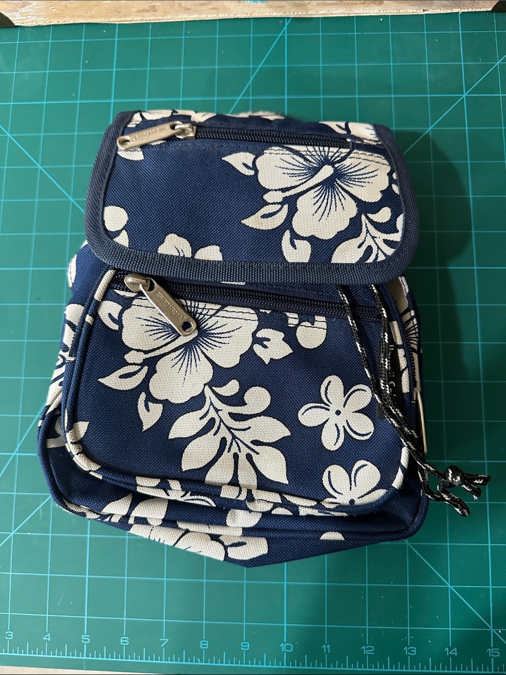 ❤️ 5/$25 Navy Blue Floral Mini Backpack / Sling bag with White Hibiscus Print